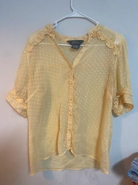 George Sheer Lemon Dot Ruffle-Trim Button Blouse